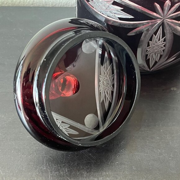 Ruby Red Cut to Clear Crystal Biscuit Jar // 8" Tall Bohemian Glass Canister - Picture 3 of 6